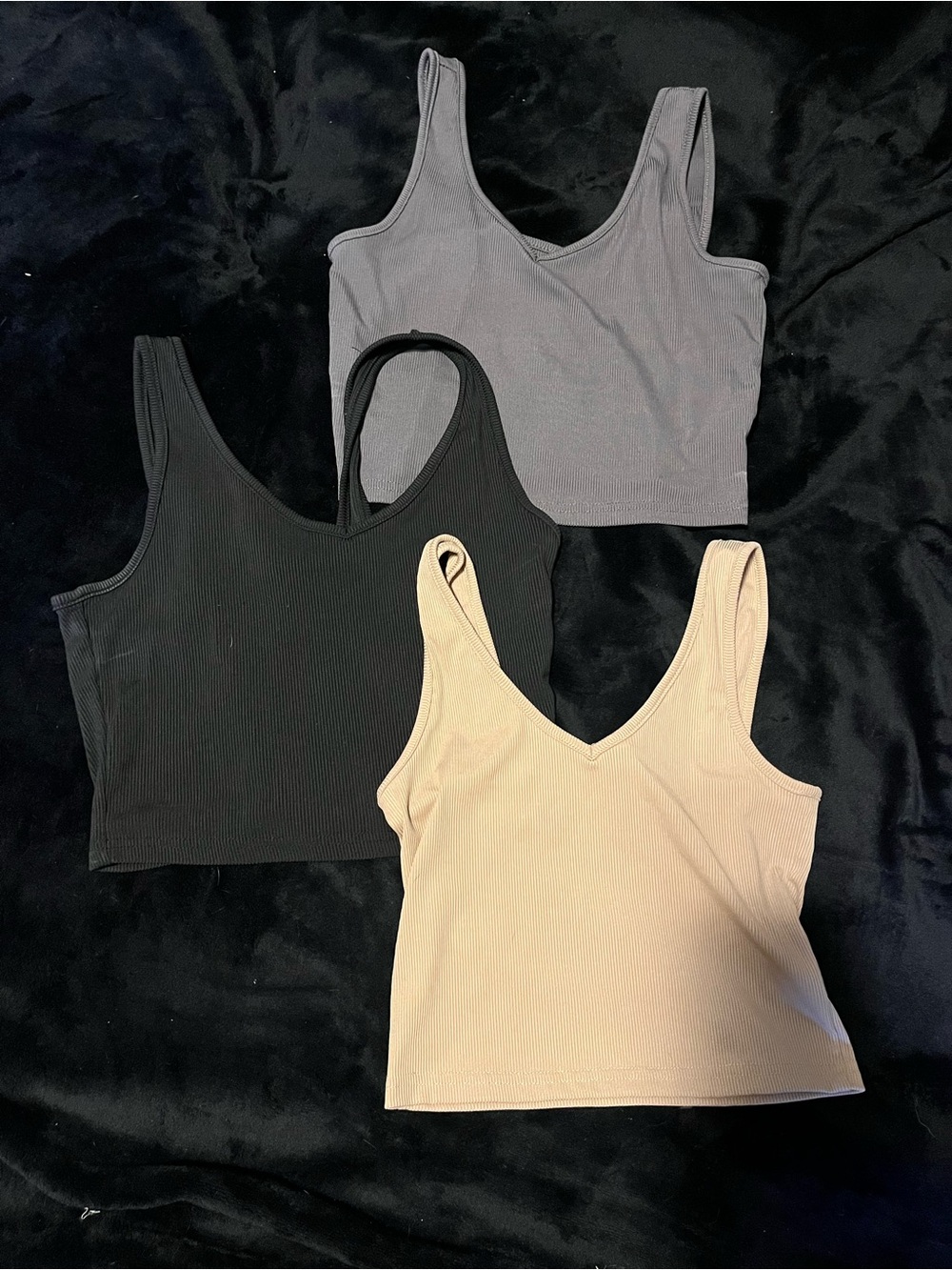 SHEIN V-Neck Ribbed Crop Tank Top - Black, Gray, Cream